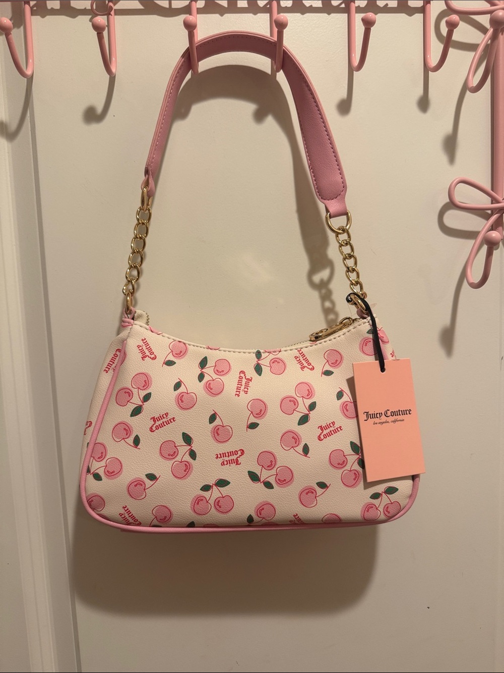 Juicy Couture Pink Cherry Print Shoulder Bag with Gold Chain - Picture 2 of 4